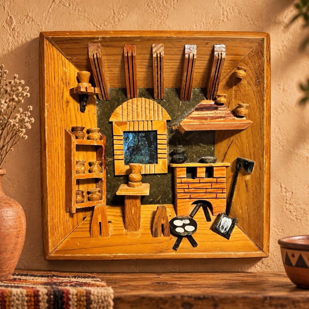 Vintage Mexican Folk Art Wood Kitchen Diorama Shadow Box Pueblo Miniature 9in